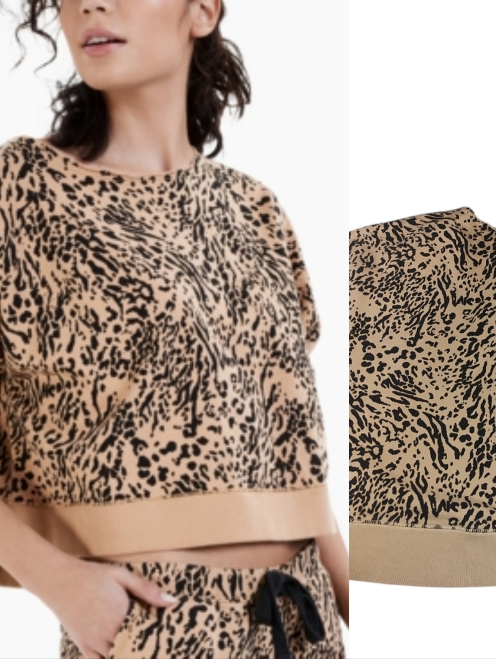 Jenni Women's  Crop Beige Animal-Print Pullover Sweatshirt. Large 100% Cotton